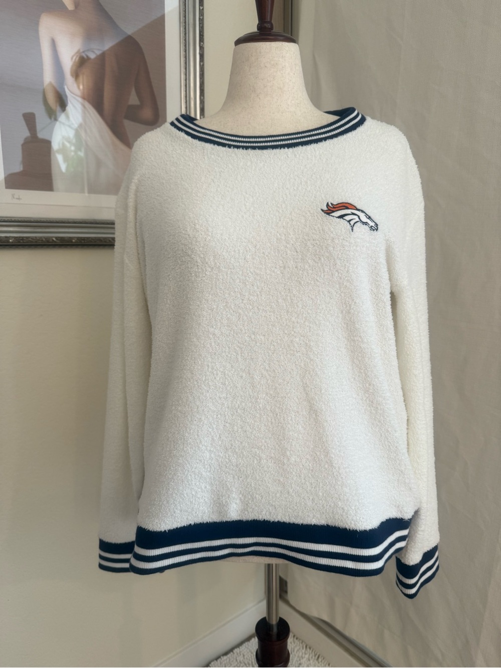 NFL Women's Cream Crewneck Sweater with Navy Trim and Broncos Logo